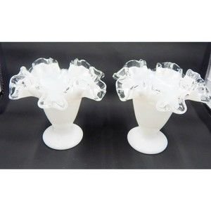 Fenton Milk Glass Silver Crest Ruffled Edge Footed Trumpet Vase 4 Inch Pair